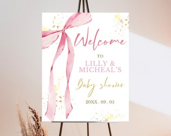 Edytowalny różowy znak powitalny na baby shower, minimalistyczny różowy akwarelowy baby shower, różowy znak wstążki, różowy i złoty znak na baby shower