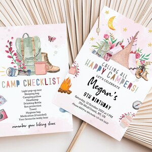 May include: A pink and white birthday invitation with a watercolor illustration of a camping scene. The text reads "Calling All Happy Campers! Let's Celebrate Megan's 9th Birthday".