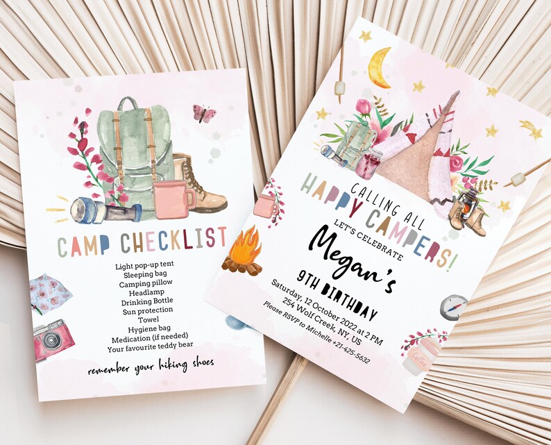 May include: A pink and white birthday invitation with a watercolor illustration of a camping scene. The text reads "Calling All Happy Campers! Let's Celebrate Megan's 9th Birthday".