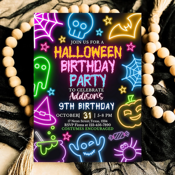 Neon Halloween Birthday Invitation Template, Spooky Halloween Party Invite, Printable Neon Halloween Birthday Invite, Neon Halloween Invite