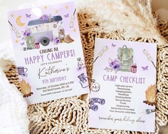 Editable Girl Camp Party Invitation, Camp Out Birthday Party, Sleepover Girl Camping Party Invite Printable Template