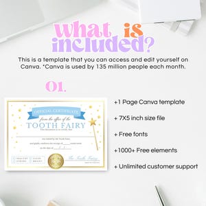 Puede incluir: Una plantilla de certificado de hada de los dientes imprimible en formato Canva. El certificado es azul y dorado con estrellas y una varita m&aacute;gica. Incluye un archivo de tama&ntilde;o 7x5 pulgadas, fuentes gratuitas, m&aacute;s de 1000 elementos gratuitos y soporte al cliente ilimitado.