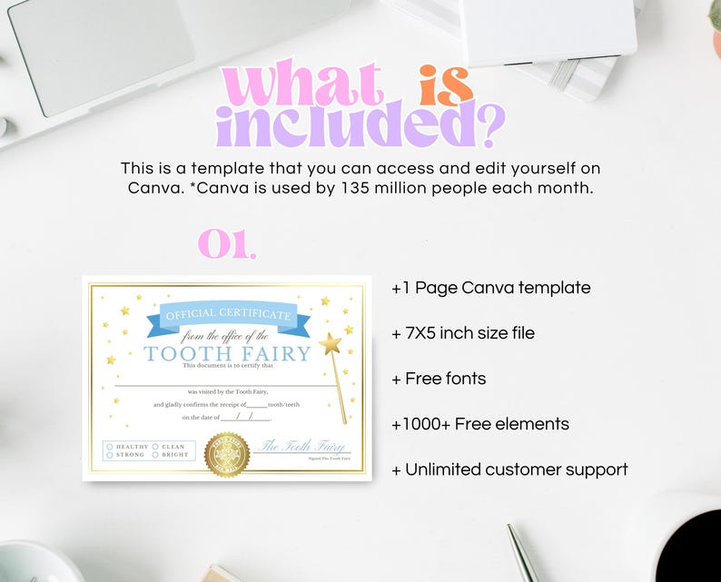 Puede incluir: Una plantilla de certificado de hada de los dientes imprimible en formato Canva. El certificado es azul y dorado con estrellas y una varita m&aacute;gica. Incluye un archivo de tama&ntilde;o 7x5 pulgadas, fuentes gratuitas, m&aacute;s de 1000 elementos gratuitos y soporte al cliente ilimitado.