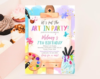 Invitación de cumpleaños de arte de pintura editable, invitación de cumpleaños de fiesta de arte, invitación de fiesta de artesanía de niña, invitación de tema de cumpleaños de arte de niña imprimible