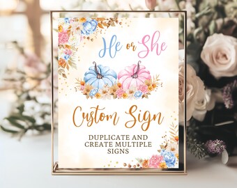 Editable Floral Pumpkin Gender Reveal Custom Sign Fall Party Autumn Boy Or Girl Baby Shower Printable Pink Blue Digital Download FP01