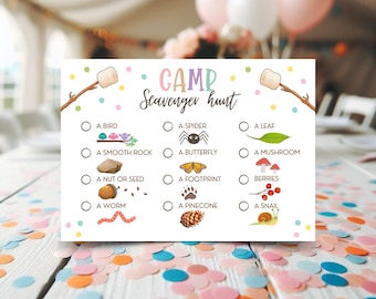 May include: A white card with a colorful 'Camp Scavenger Hunt' title and a list of items to find outdoors, including a bird, spider, leaf, smooth rock, butterfly, mushroom, nut or seed, footprint, berries, worm, pinecone, and snail.