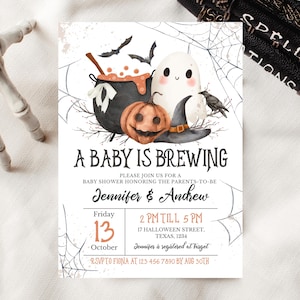 Bewerkbaar A Baby is Brewing Halloween-uitnodiging, genderneutraal Halloween-babyshoweruitnodigingssjabloon, heks babyshoweruitnodiging, HBSC01