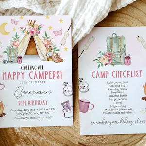 May include: A pink and white invitation with a watercolor illustration of a tent, campfire, and other camping gear. The text reads "Calling all Happy Campers! Let's celebrate Genevieve's 9th Birthday. Saturday, 12 October 2022 at 2 PM, 254 Wolf Creek, NY, US. Please RSVP to Michelle +21-425-5632".