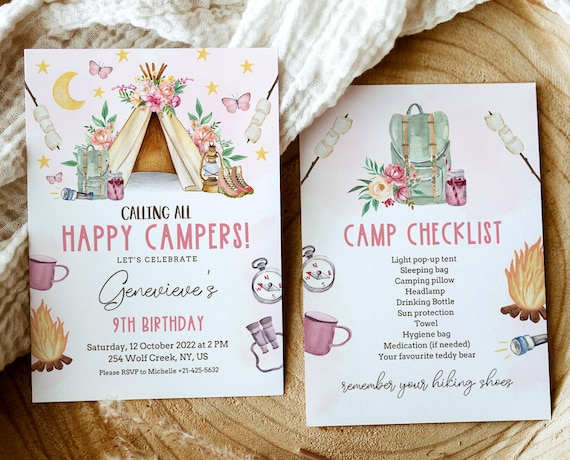 Editable Girl Camp Party Invitation, Camp Out Birthday Party, Sleepover Girl Camping Party Invite Printable Template