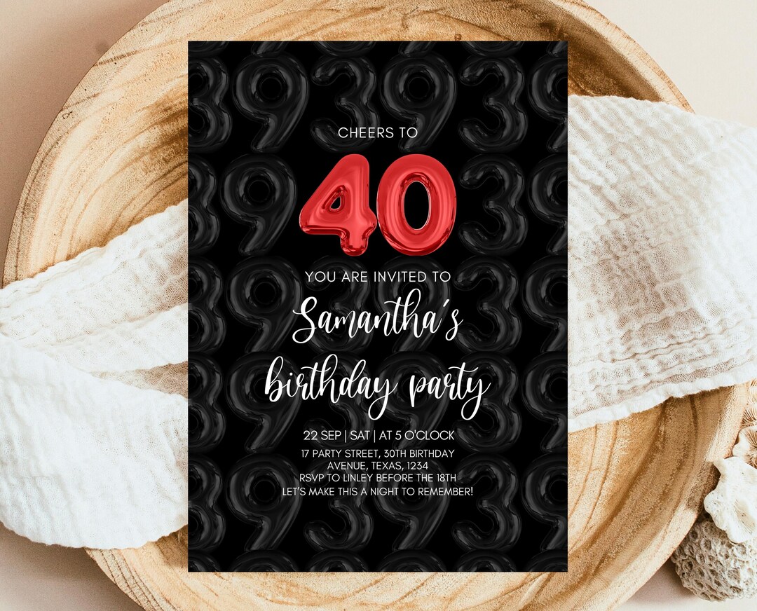 Editable 40th Birthday Invitation: Black & Gold Balloon Design (digital ...