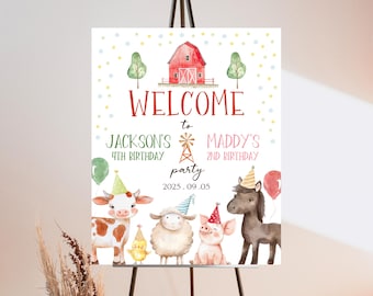 Farm Birthday Welcome Sign: Sibling Barnyard Decor (Editable Canva Template)