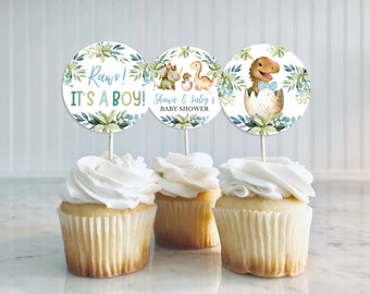 Editable Dinosaur Baby Shower Cupcake Toppers, Blue Floral Dinosaur Baby Shower Cupcake Toppers, Boy Boho Dinosaur Baby Shower Decor