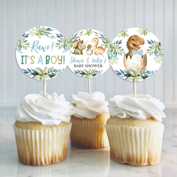 Editable Dinosaur Baby Shower Cupcake Toppers, Blue Floral Dinosaur Baby Shower Cupcake Toppers, Boy Boho Dinosaur Baby Shower Decor