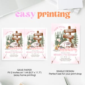 May include: Two printable invitations for a 7th birthday party with a camping theme. The invitations are pink with a watercolor illustration of a campsite with a tent, trees, and a campfire. The text on the invitations reads "You're Invited to Meghan's Camp" and "Meghan's 7th Birthday".