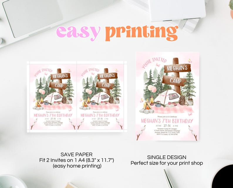 May include: Two printable invitations for a 7th birthday party with a camping theme. The invitations are pink with a watercolor illustration of a campsite with a tent, trees, and a campfire. The text on the invitations reads "You're Invited to Meghan's Camp" and "Meghan's 7th Birthday".