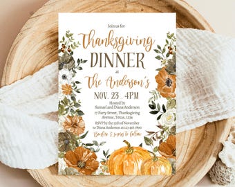 Bearbeitbare Thanksgiving-Dinner-Einladung: Kürbisblumen (Canva-Vorlage)