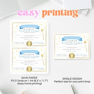 Puede incluir: Dos certificados de hada de los dientes imprimibles con un dise&ntilde;o azul y dorado. Los certificados presentan una varita m&aacute;gica dorada con forma de estrella y una moneda de oro. El texto en los certificados dice "Certificado oficial de la oficina del hada de los dientes".