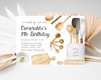 May include: A white invitation card with a watercolor illustration of kitchen utensils, including wooden spoons, spatulas, and a whisk. The text on the card reads "Let's cook up some fun! Esmeralda's 7th Birthday. Saturday! 5 Sep 13 PM. Esmeralda's Kitchen 17 Party Street, Bake Avenue, Texas, 1234. RSVP to Mom +123-456-7890. Bring your apron."