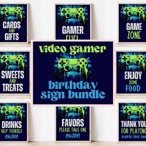 Editable Video Game Birthday Sign Bundle, Boy Gamer Birthday Party Sign, Neon Gamer Party, Level Up Birthday Party Sign Set, VGBC01