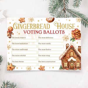 Bewerkbare stembiljet Gingerbread House, stemkaart, Red Christmas Gingerbread House-wedstrijdkaarten, stemkaarten Gingerbread House, CGP01