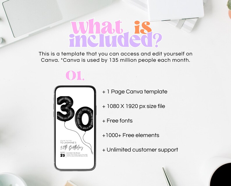 Editable 30th Birthday Invitation: Black Balloon Design (digital ...