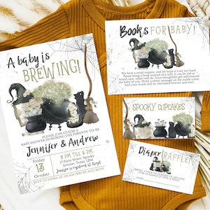 Pacote de convites editáveis para chá de bebê de Halloween A Baby is Brewing, convite para chá de bebê de Halloween para meninos, chá de bebê de bruxa verde, HBSC05