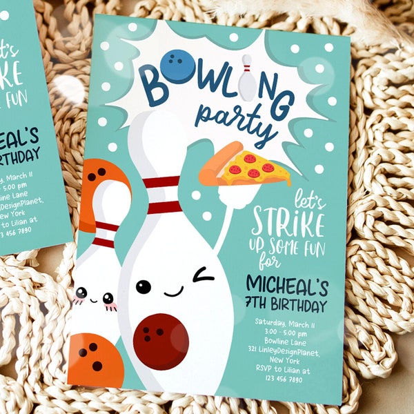 Editable Bowling Birthday Invitation, Boy Bowling And Pizza Party Invitation, Printable Bowling Invitation, Blue Bowling Birthday Party