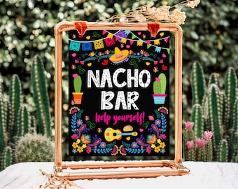 May include: A black chalkboard sign with a copper frame, decorated with colorful flowers and cacti. The sign reads "Nacho Bar" in white letters with a pink "help yourself!" message below.