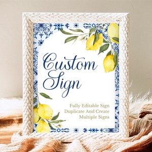 Editable Mediterranean Lemon Baby Shower Custom Sign, Blue Tiles Theme, Italy Baby Shower, Navy Lemon Baby Shower Custom Sign, MLBS01