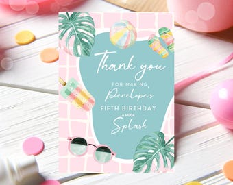 May include: A summer-themed thank you card with watercolor illustrations of a beach ball, sunglasses, and a popsicle. The card has a pink grid background and a teal shape with the text "Thank you for making Penelope's Fifth Birthday a Huge Splash."