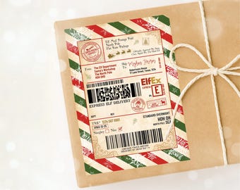 ElfEx Present Label Printable Christmas Gift Tag Sticker North Pole Express Delivery Funny Santa Helper Shipping Label Editable Holiday CH01