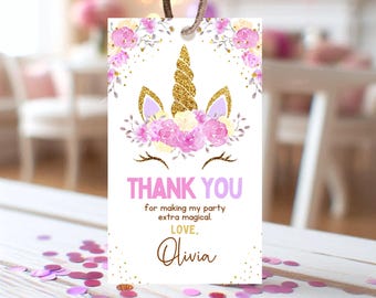 Floral Unicorn Birthday Favor Tag: Editable Party Thank You (Digital Download)
