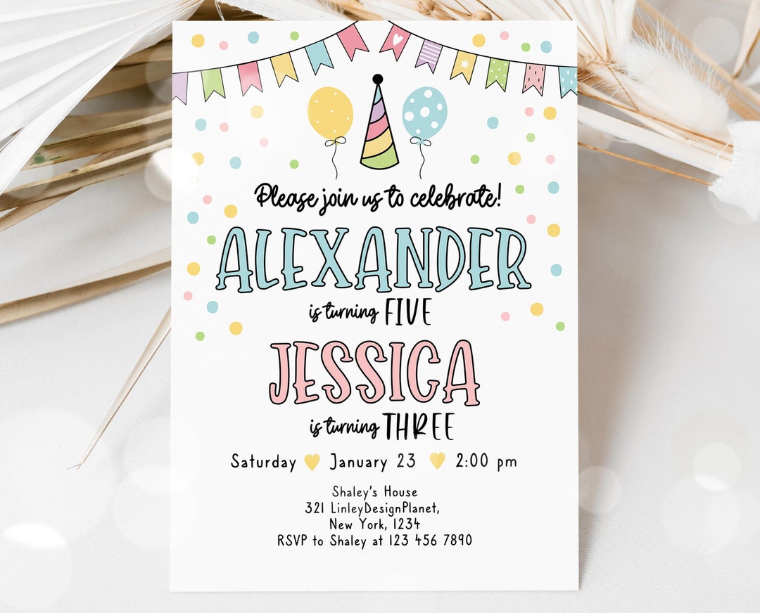 Editable Sibling Birthday Party Invitation, Brother and Sister Birthday
