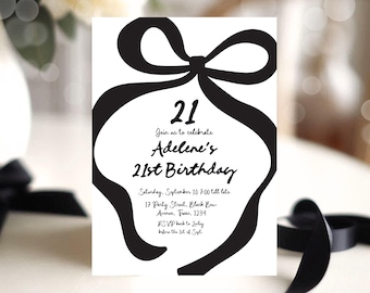 Invitación editable para 21 cumpleaños: Lazo negro, diseño minimalista (plantilla de Canva)