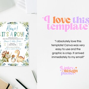 K&ouml;nnte beinhalten: Eine Babyparty-Einladung mit einem blauen und gr&uuml;nen Dinosaurier-Motiv. Die Einladung lautet "Rawr! Es ist ein Junge!" und enth&auml;lt die Namen Shawn & Hailey Jermor. Die Einladung hat einen Aquarellhintergrund mit gr&uuml;nen Bl&auml;ttern und blauen Blumen.