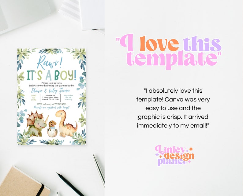 K&ouml;nnte beinhalten: Eine Babyparty-Einladung mit einem blauen und gr&uuml;nen Dinosaurier-Motiv. Die Einladung lautet "Rawr! Es ist ein Junge!" und enth&auml;lt die Namen Shawn & Hailey Jermor. Die Einladung hat einen Aquarellhintergrund mit gr&uuml;nen Bl&auml;ttern und blauen Blumen.