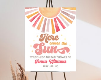 Editable Sunshine Baby Shower Welcome Sign, Here Comes the Sun Baby Shower Poster, Girl Pink Sunshine Shower, Boho Sunshine Signs HCTS02