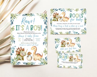 Editable Dinosaur Baby Shower Invitation Bundle, Blue Dinosaur Baby Shower Invite, Boy Dinosaur Baby Shower Invite, Blue Floral Dinosaur Set
