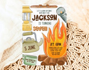 Editable Boy Camp Party Invitation, Camp Out Birthday Party, Printable Sleepover Boy Camping Party Invite, Boy Campfire Invite, BBP14