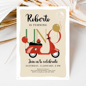 Editable Scooter Uno Birthday Invitation, Italian Themed Birthday Party, Printable Italian Birthday party Invite