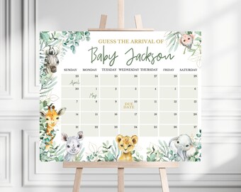 May include: A green and white baby shower game with a jungle theme. The game is a calendar with the text "Guess the arrival of Baby Jackson" at the top. The calendar is for the months of April and May. The due date is marked on the calendar.