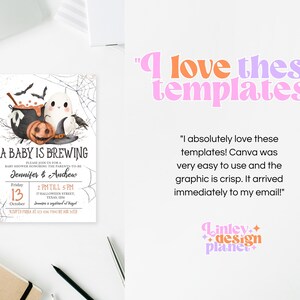 May include: A baby shower invitation with a Halloween theme. The invitation features a cauldron, a ghost, and a pumpkin with the text "A Baby is Brewing". The invitation also includes the date, time, and location of the shower.