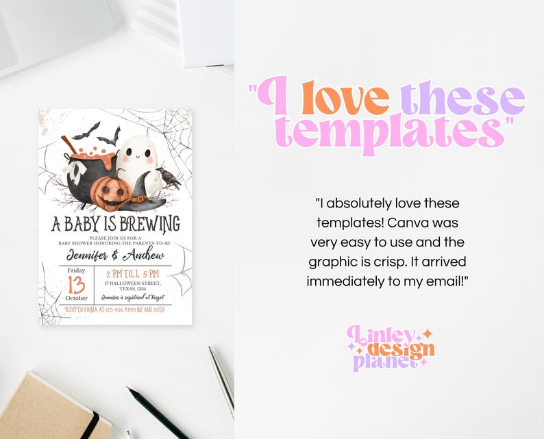May include: A baby shower invitation with a Halloween theme. The invitation features a cauldron, a ghost, and a pumpkin with the text "A Baby is Brewing". The invitation also includes the date, time, and location of the shower.