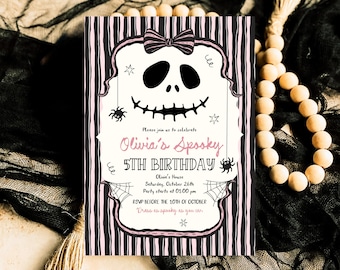 Retro Doodle Whimsical Ghost Birthday Invitation Blush Pink Bow Girl Spooky Party Invite Editable Cute Halloween Birthday Printable Download
