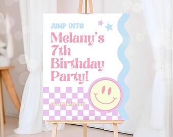 Editable Retro Smiley Birthday Welcome Sign: Pink Checkered Theme (16x20 inch Canva Template)