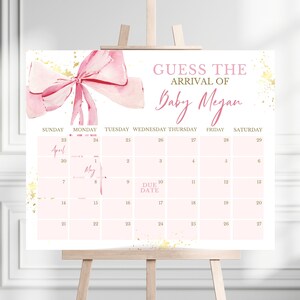 Bearbeitbare rosa Schleife Babyparty Fälligkeitsdatum Kalenderschild, minimalistische Babyparty rosa Aquarell, rosa Band, Blush Rosa und Gold Babyparty