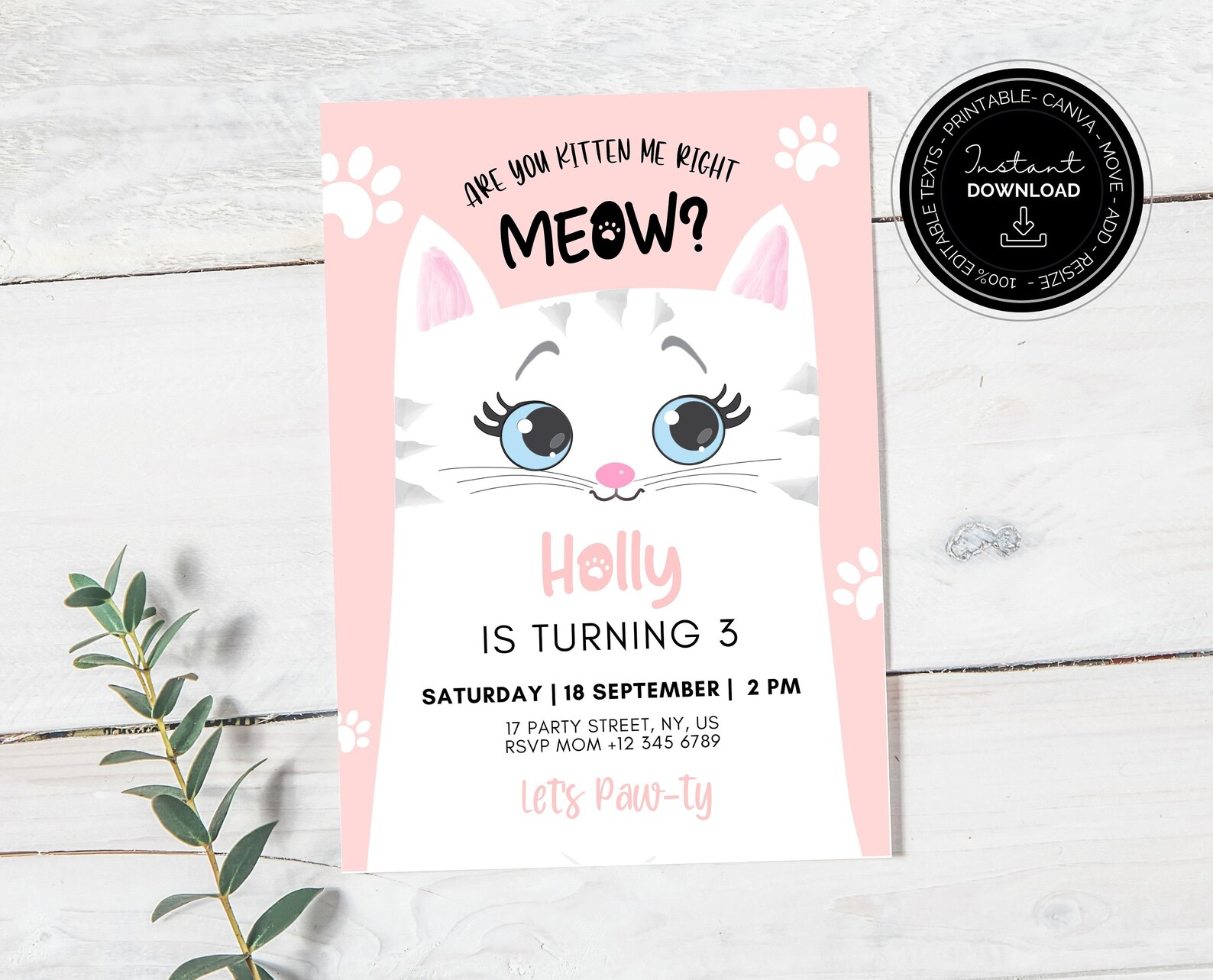 Editable Kitten Birthday Invitation Kitty Cat Birthday Party - Etsy