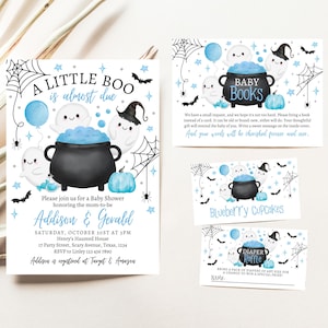 Editable A Little Boo Is Almost Due Halloween Baby Shower Invitation Bundle, Blue Halloween Baby Shower Invitation, Boy Baby Shower, HBSC09