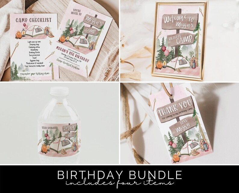 Editable Girl Camp Party Invitation Bundle Camp Out Birthday Bundle Outdoor Camping Girl Pink Camp Checklist Download