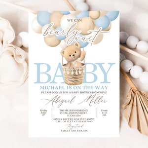 Editable Teddy Bear Hot Air Balloon Theme Baby Shower Invitation, We Can Bearly Wait Invite Template, Blue Boy Baby Shower, Instant Download